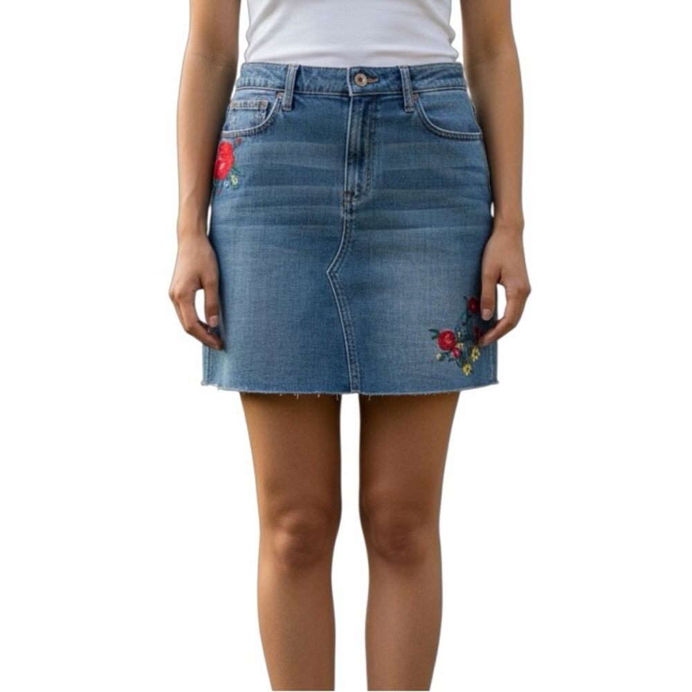 J. Crew Blue Denim Mini Skirt with Red Floral Embroidery - Picture 2 of 6